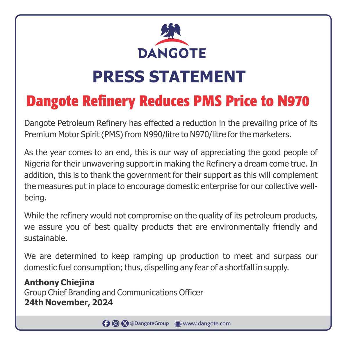 Dangote Refinery reduces petrol price to N970